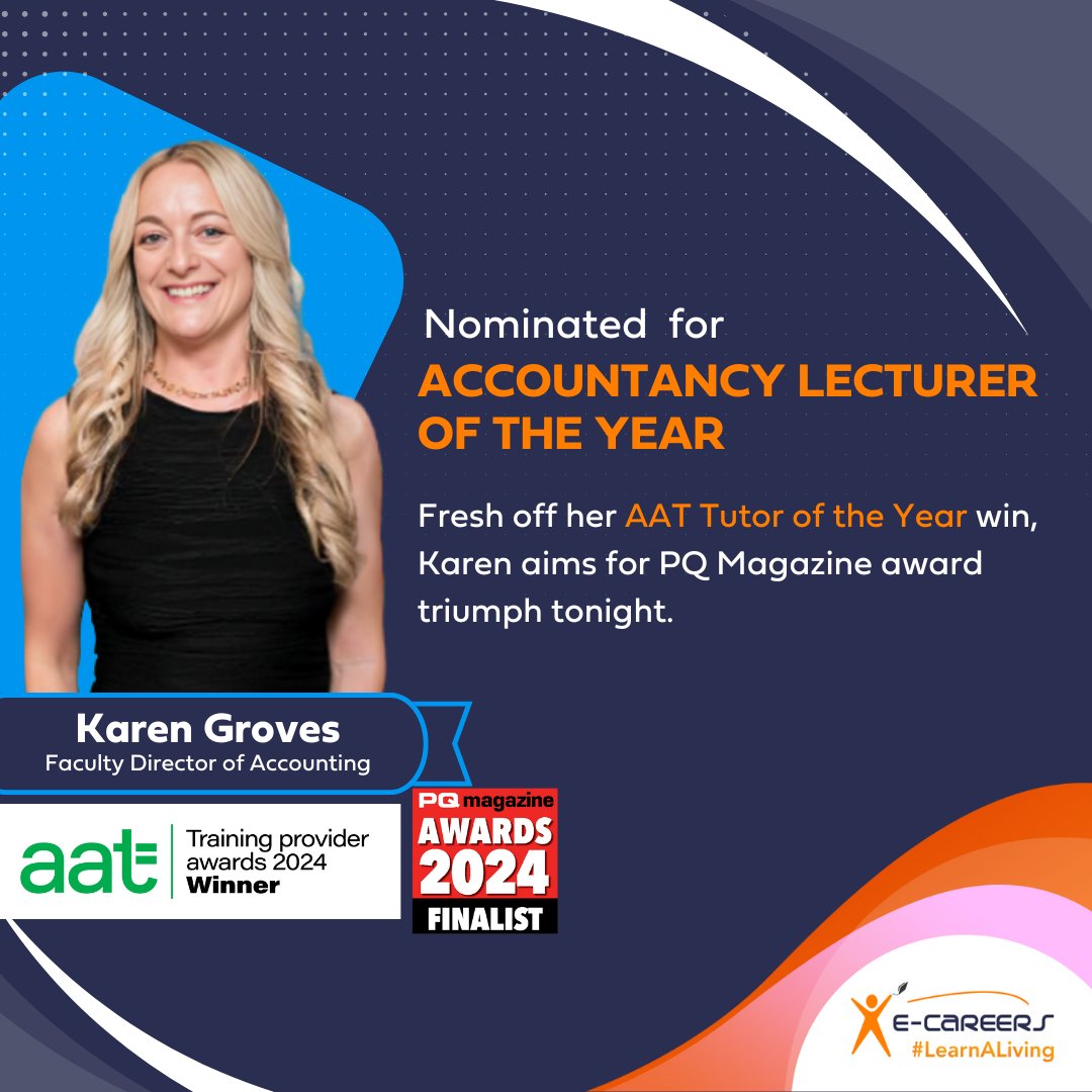 Karen Groves, our renowned AAT tutor, is shining bright as a finalist at tonight's @PQMagazine Awards, 2024 for Accountancy Lecturer of the Year (Private Sector). 🏆 Show your support and join us in wishing Karen and all finalists the very best of luck tonight! 🏅 #PQAwards2024