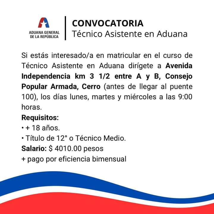 #AduanaConvoca: A los interesados en realizar el curso de Técnico Asistente en Aduana. Te invitamos a formar parte de nuestro equipo. Súmate. . . . #AduanadeCuba #61AduanaSocialista #OrgullosamenteAduaneros