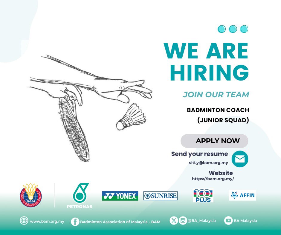 Want to contribute to national badminton? Come & join BAM Family! 🏸 Send your resumes to siti.y@bam.org.my now!