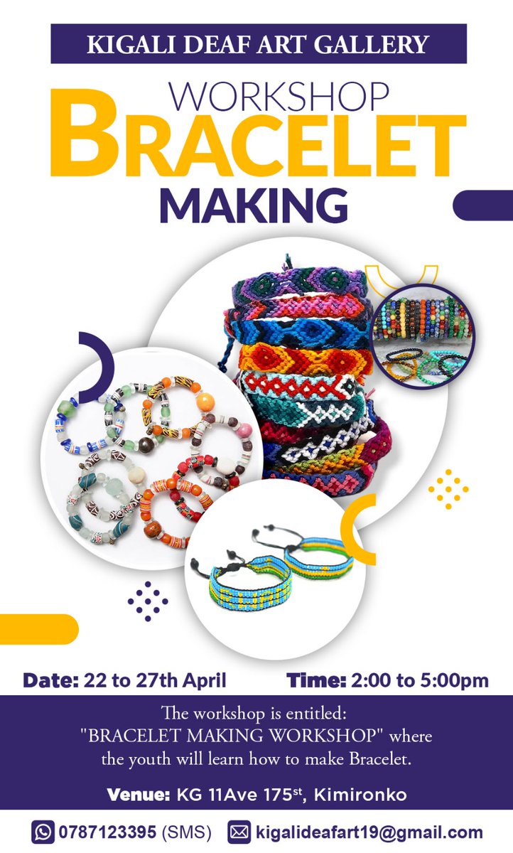 'BRACELET MAKING WORKSHOP Where youths can learn how to make bracelets from. Join us this week from 22 to 27th April. Time: 2:00 to 5:00pm Welcome! @RwandaYouthArts @Imbuto @ubuhanziRw @YouthConnekt #bracelet #bangle #workshop #jewerly #Youth #RwOT #YouthCreativeHub