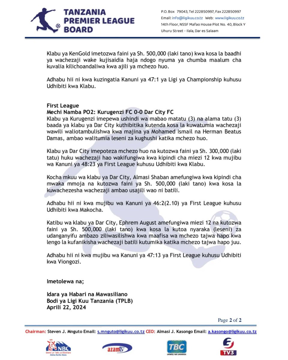 TAARIFA KUTOKA BODI YA LIGI KUU TANZANIA.

<a href="/tplboard/">Ligi Kuu</a> <a href="/Tanfootball/">TFF TANZANIA</a> <a href="/NBCTanzania/">NBCTanzania</a> <a href="/azamtvtz/">Azam TV</a> <a href="/tbconline/">The Blackcedar</a>