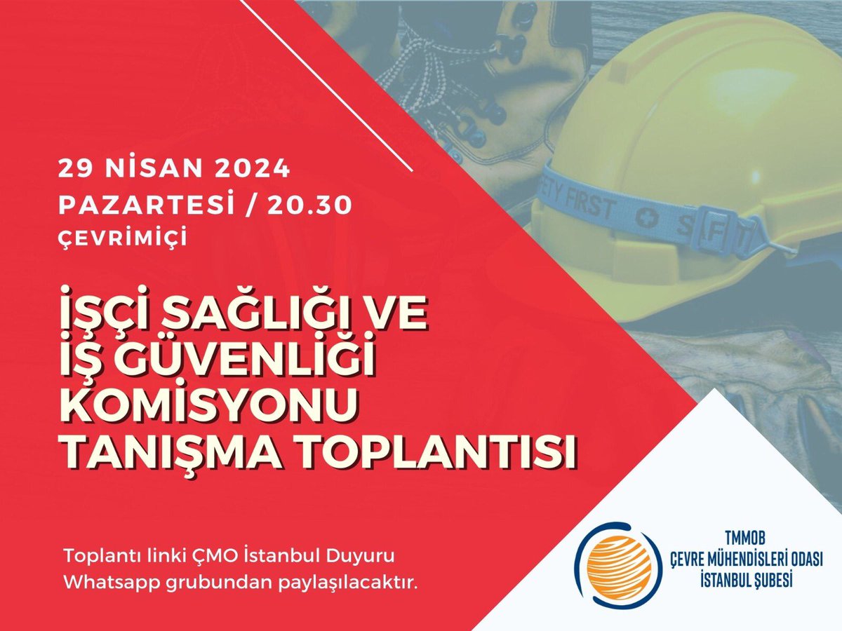 📣 Komisyon toplantılarımız başlıyor! 🔔İş Sağlığı ve İş Güvenliği Komisyonumuzun tanışma toplantısını zoom üzerinden çevrimiçi gerçekleştireceğiz💻 🗓️29 Nisan 2024, Pazartesi 🕣20.30 ❕Toplantı linki ÇMO İstanbul Duyuru whatsapp grubundan iletilecektir.