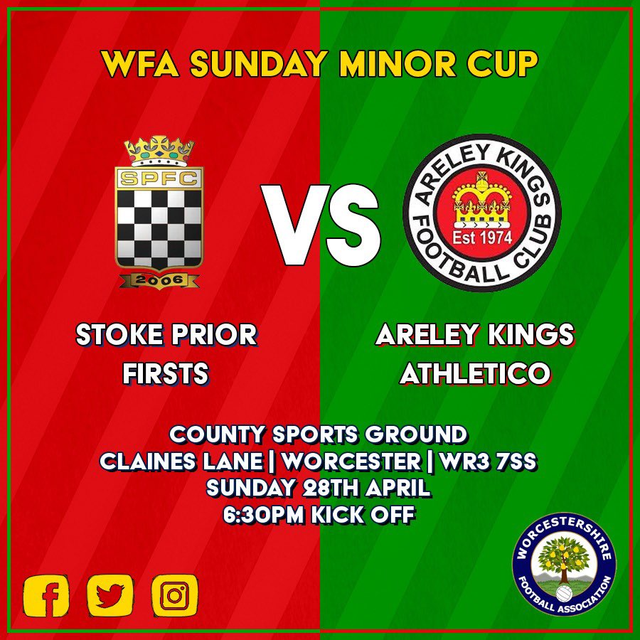 Let’s get ready for cup final day number 2!

1pm - Jim Fleeman Cup - <a href="/AFCB_Sundays/">AFC Bromsgrove Sundays</a> v <a href="/FCARROWSPAS/">FC Arrow Spas.</a> 
4.30pm - Tim Giles Cup - <a href="/astwood_fc/">Astwood FC</a> v <a href="/MemorialFC/">Rubery Memorial F.C</a> 

6.30pm WFA Sunday Minor Cup <a href="/StokePriorFC/">Stoke Prior FC</a> v <a href="/areleykingsfc/">Areley Kings FC Official</a> 
at County HQ

Good luck all - let’s make another successful Sunday!