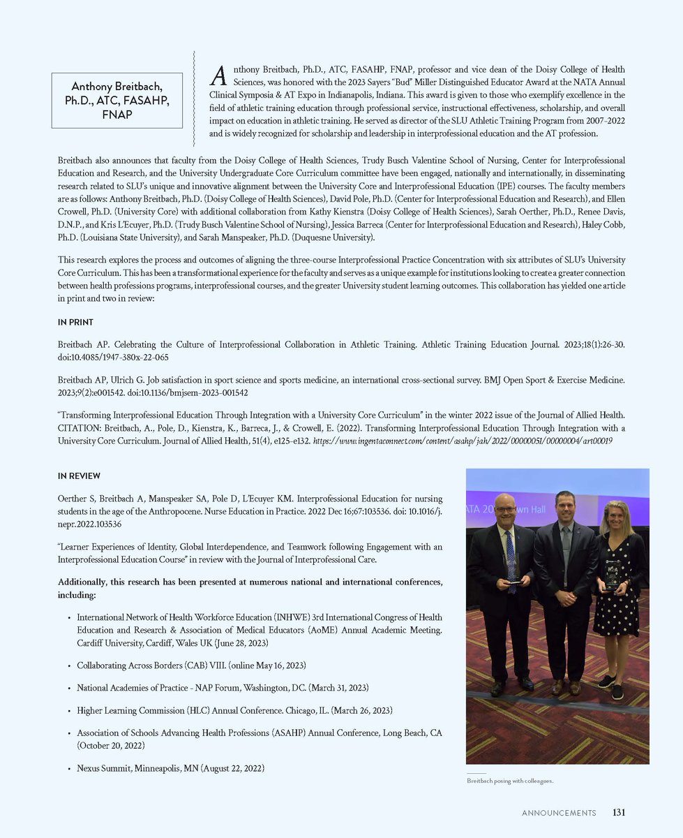 Proud to be included in the SLU Research Institute's 2023 Research Impact Report! Grateful for the opportunities to collaborate with an excellent group of colleagues in Athletic Training and Interprofessional Education at SLU! #billikens #interprofessional #ATsAreHealthCare…