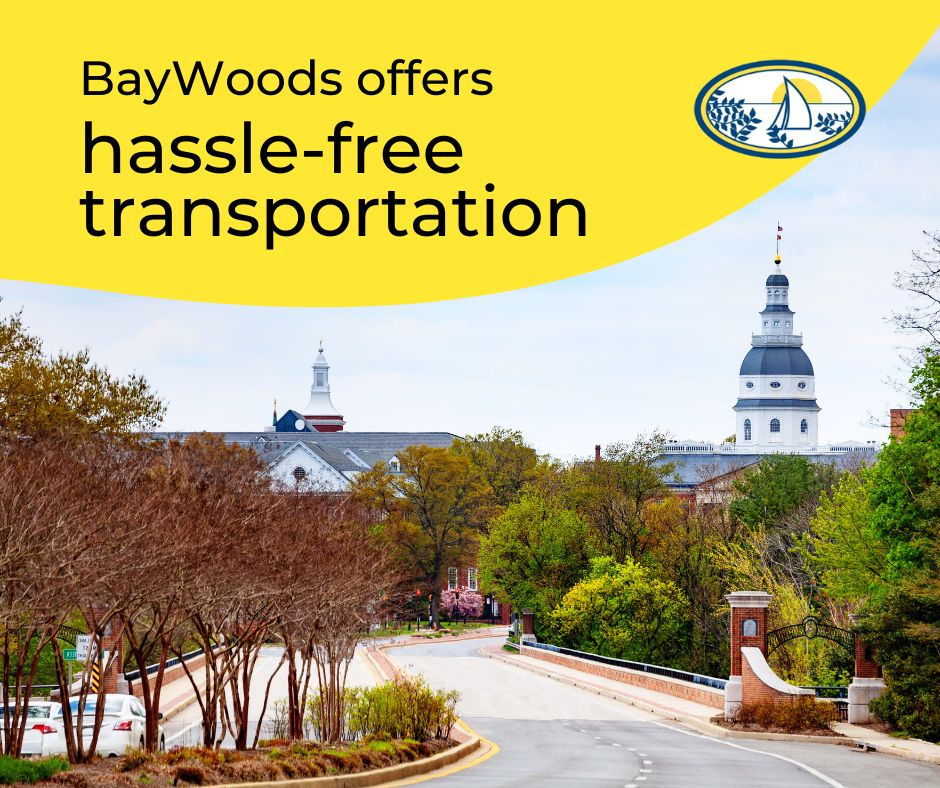 Our transportation services provide reliable rides for scheduled outings and private trips, ensuring you get where you need to go.

Visit bit.ly/3TkxY2o to book a visit! #BayWoodsOfAnnapolis #RetirementCommunity #CoOp #RetirementLiving #ChesapeakeBay #DowntownAnnapolis