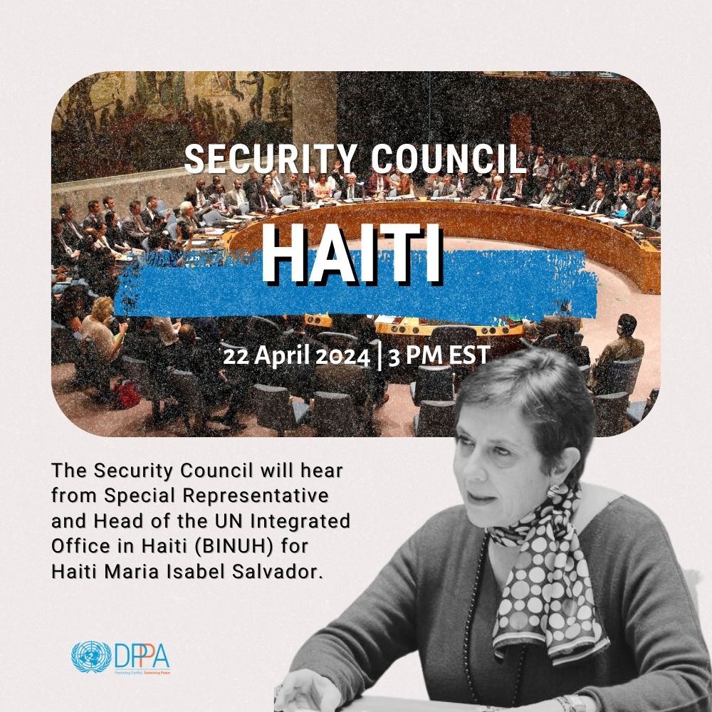 This afternoon, Special Representative and Head of @BINUH_UN @SALVADORMIsabel will brief the @UN Security Council on the situation in #Haiti. Follow the meeting live from 3PM EDT @UNWebTV: webtv.un.org/en/asset/k1f/k…