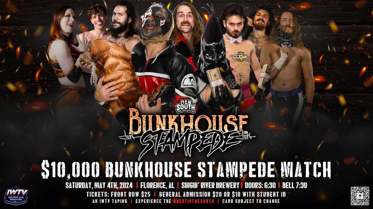 Good morning @NewSouth_PW Fam!! May 4th in Florence,AL at the Singin River Live we bring back the Bunkhouse Stampede Match! @MOTHERENDLESS is putting 10K to anyone that can eliminate @CuttersAlley This is another amazing match besides: 💥New South Heavyweight Championship…