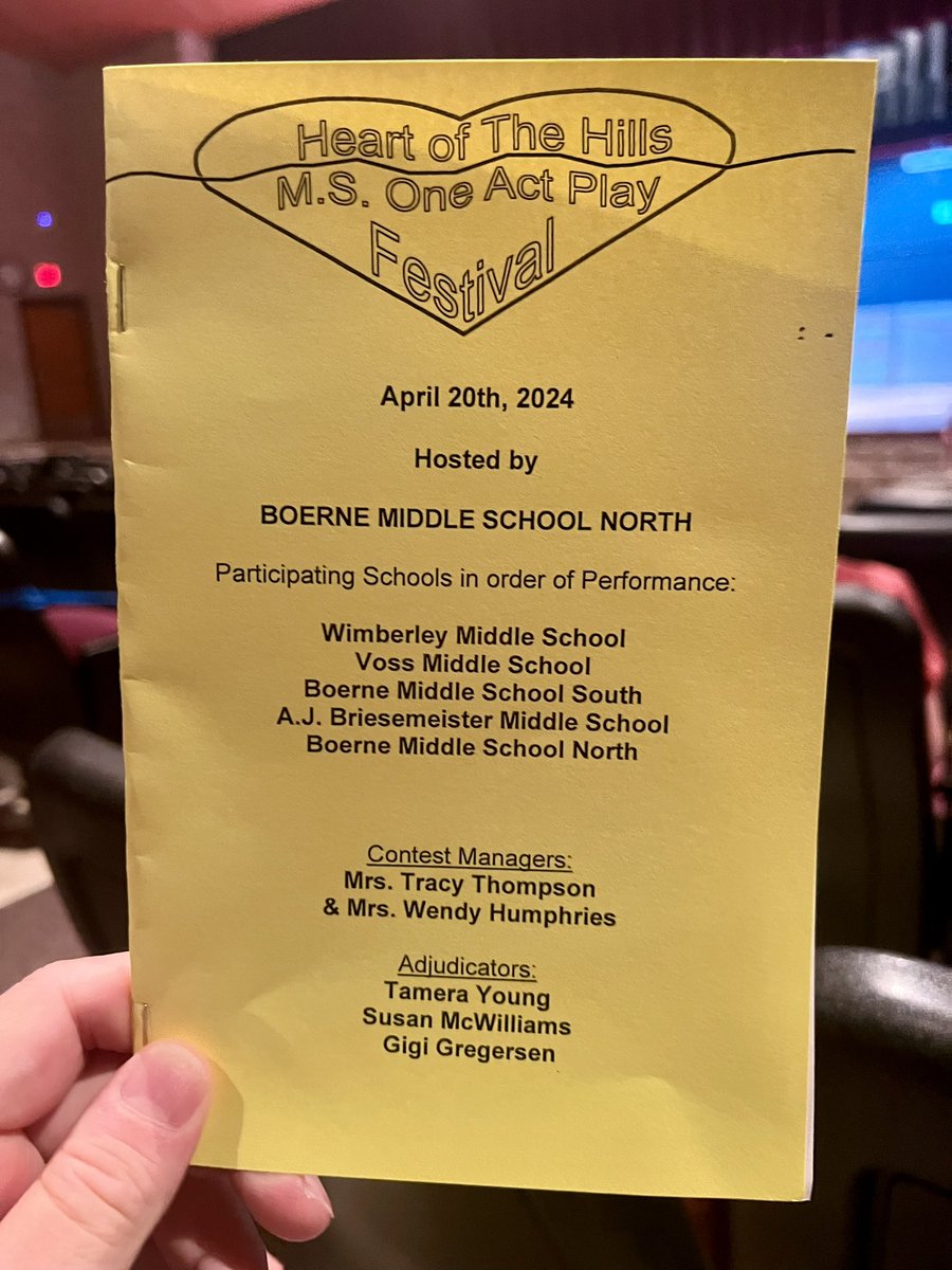 Middle School One Act Play Boerne Middle School North Theatre for receiving a SUPERIOR Rating. Individual awards -Simon Nasis with a Tech Award. Honorable Mention - Quetzali Alejandro and Journey Hurtado! And All-Star Cast - Kelsey Key and Avery Graham!