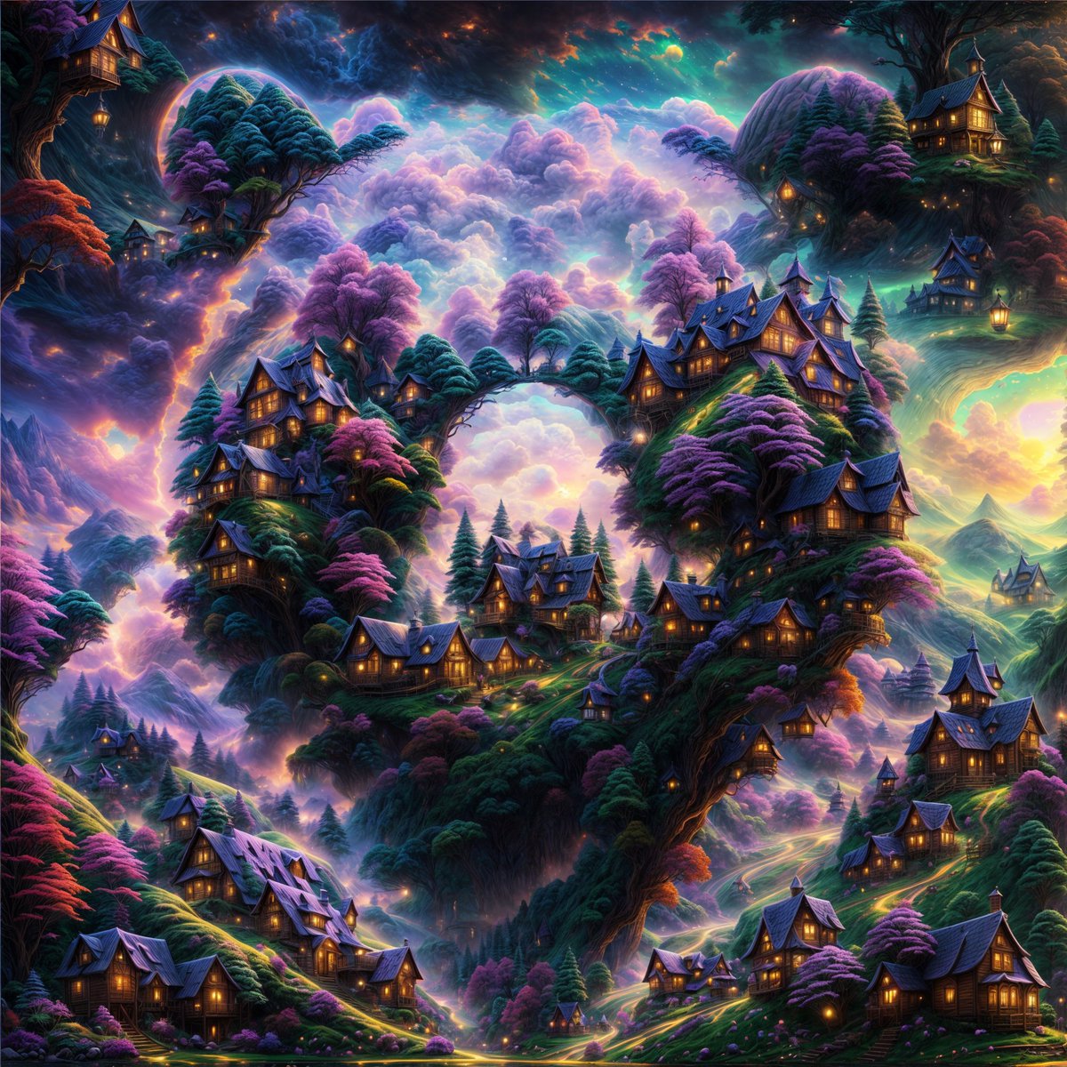 gm everyone Another of my #BBNFT #AIart Alpha Pass that looks absolutely amazing it's a magical blend of fantasy houses and lush forest scenery. Talk about unlocking a portal to artistic wonderland Have you sent your @bearandbullnft to Eternity Lets see em in the comments 👀
