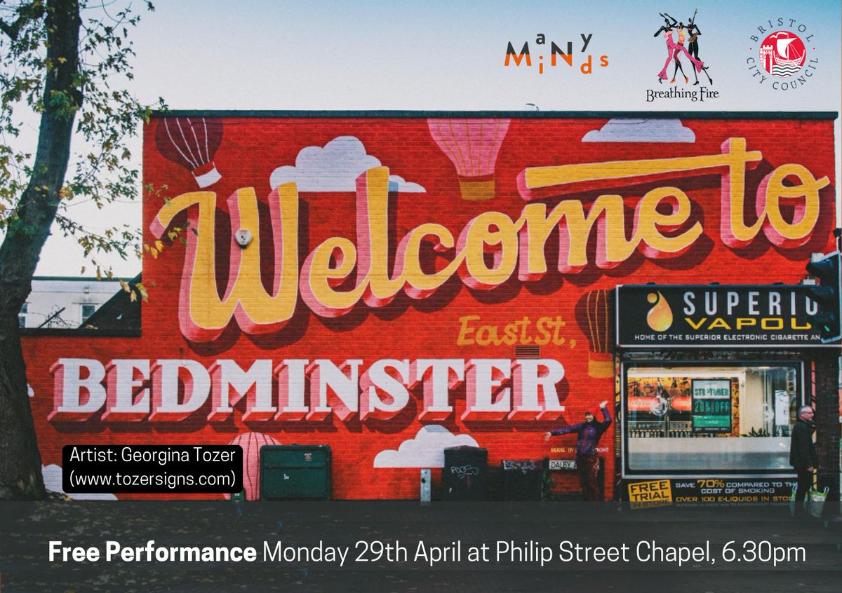 Join us for ‘Welcome to Bedminster’. Where: Philip Street Chapel, Bedminster BS3 4EA When: Monday 29th April @ 6:30pm (doors 6:15pm) Tickets: available FREE on our website buff.ly/33MjNM2 Presented by Breathing Fire and Many Minds & supported by Bristol City Council.