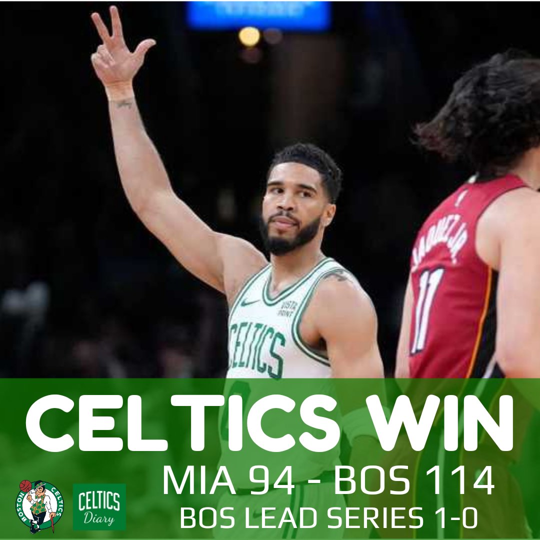 CelticsDiary's tweet photo. Celtics secured the 1-0 of the series with a 114-94 victory.

Jayson Tatum got his first playoffs TD on a 23pts, 10rebs 10ast. Derrick Whit3 added 20pts and the other 4 Celtics players scored in double figures also. ☘️ https://t.co/jBexxQ4sPw
