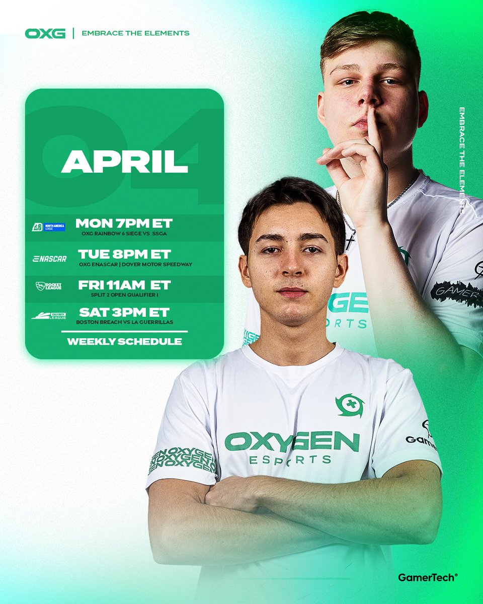 Mark your calendars for the week 🗓️ 🔵 @OXG_Rainbow6 🔴 ENASCAR 🟢 @OXG_RL 🟢 @BostonBreach #EmbracetheElements | #GOXG