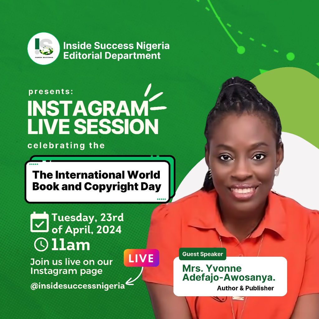 Join us tomorrow on Instagram Live!
Topic: 'The International World Book Copyright Day'
Guest Speaker: Mrs. Yvonne Awosanya-Adefajo
Time: 11:00AM
#InstagramLive #WorldBookCopyrightDay #YvonneAwosanyaAdefajo #WiMoPublishers #Scholamania #YouthMentor #Leadership #ReadingCulture