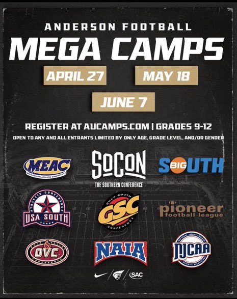 First camp of the year coming up! Make sure you get signed up and take advantage! Lots of eyes will be on you! 🔗: andersonfootballcamps.totalcamps.com/shop/EVENT
