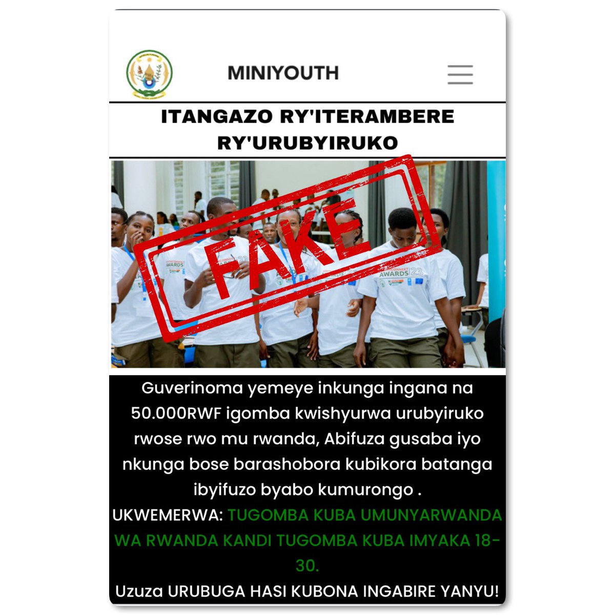 🚨Itangazo! Minisiteri y’Urubyiruko n’Iterambere ry’Ubuhanzi, iramagana ubujura bushukana bukomeje gukorerwa ku mbuga nkoranyambaga by’umwihariko WhatsApp groups. Turamenyesha urubyiruko rwose ko amahirwe abagenewe anyuzwa ku mbuga nkoranyambaga za Minisiteri.