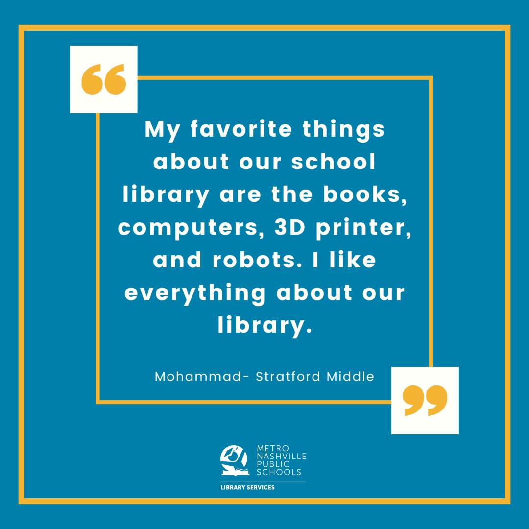 Let's hear from our students! "My favorite things about our school library are the books, computers, 3D printer, and robots. I like everything about our library!" <a href="/MetroSchools/">Metro Schools</a> #SchoolLibraryMonth