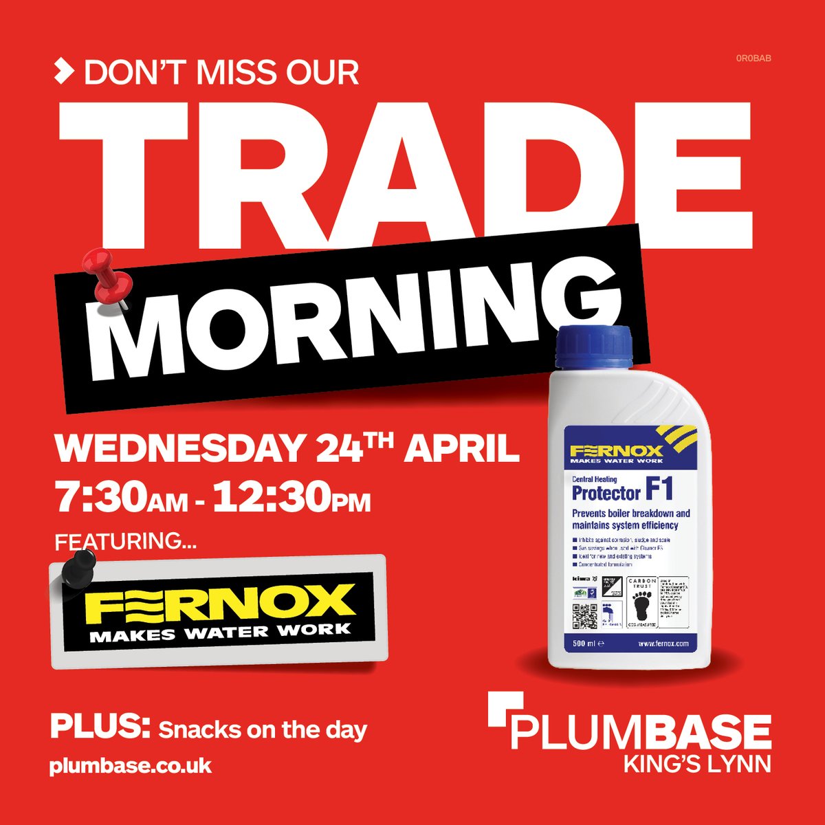 👊 Come and say hi to the team at @Plumbase KINGS LYNN on Wednesday 24th April from 7.30am for their Trade Morning with Fernox. Great opportunity to stock up and find out about their latest offers and great products. 😊 #plumbers #plumbersemerchants #kinglynn