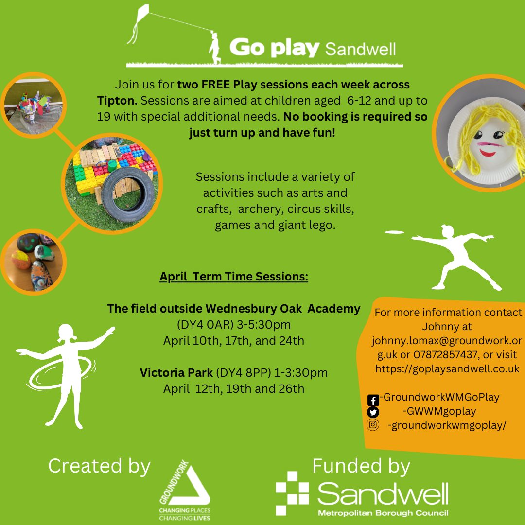 Our @GWWMgoplay team have 2 free play sessions in Tipton this week. See details below; 🏓 Wednesday 24th April The field outside Wednesbury Oak Academy (DY4 0AR) 3pm-5:30pm Friday 26th April Victoria Park, Tipton (DY4 8PP) 1pm-3:30pm