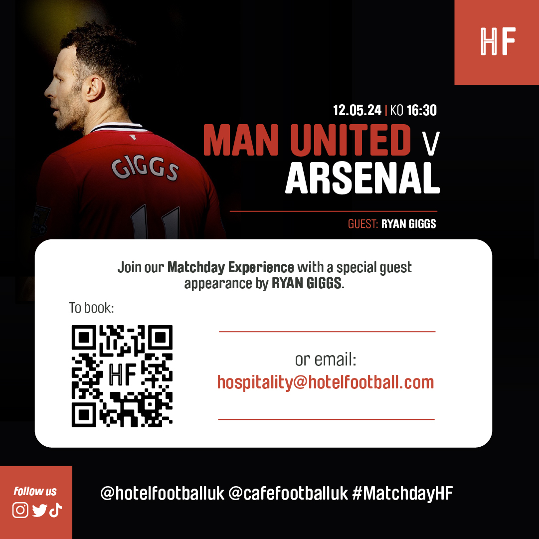 Ryan Giggs will be joining us on the 12th May in our Stadium Suite, before Man Utd take on Arsenal in the #PremierLeague🤩 Come and experience the last of the best pre-match build up before it's all over😥 Book yours: bit.ly/3QbRgqu #matchday #hotelfootball #manutd