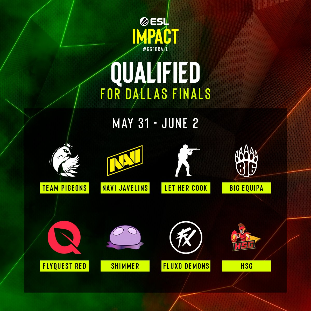 Dallas is just over a month away and here are your 8 qualified teams! EU: Team Pigeons NAVI Javelins Let Her Cook BIG EQUIPA NA: FlyQuest RED Shimmer SA: Fluxo Demons Wildcard: HSG.fe