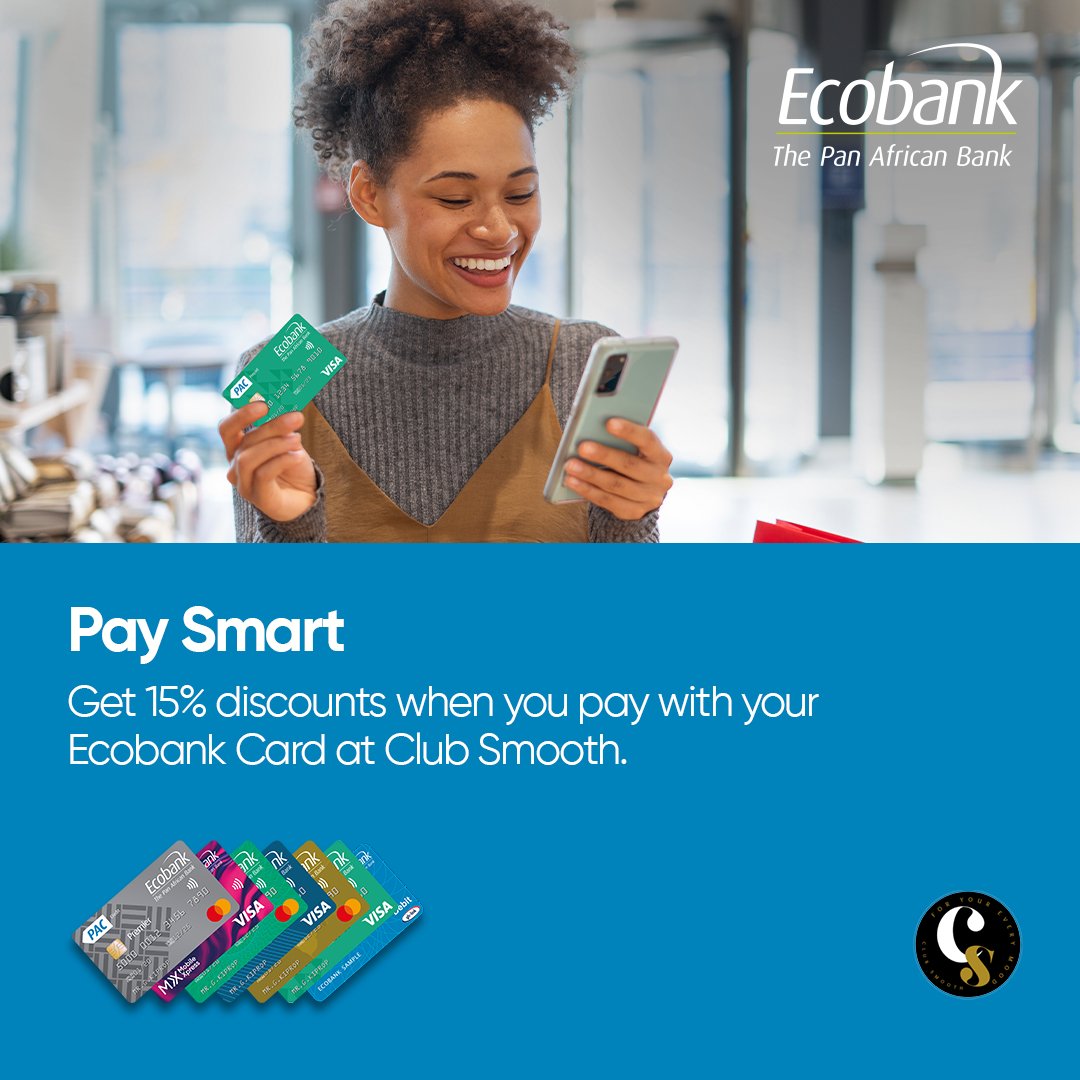 Enjoy the convenience of paying for your meals with your #EcobankCard and enjoy a 15% #discount at Club Smooth Restaurant! Call 080 000 3225 for more. #ABetterWay