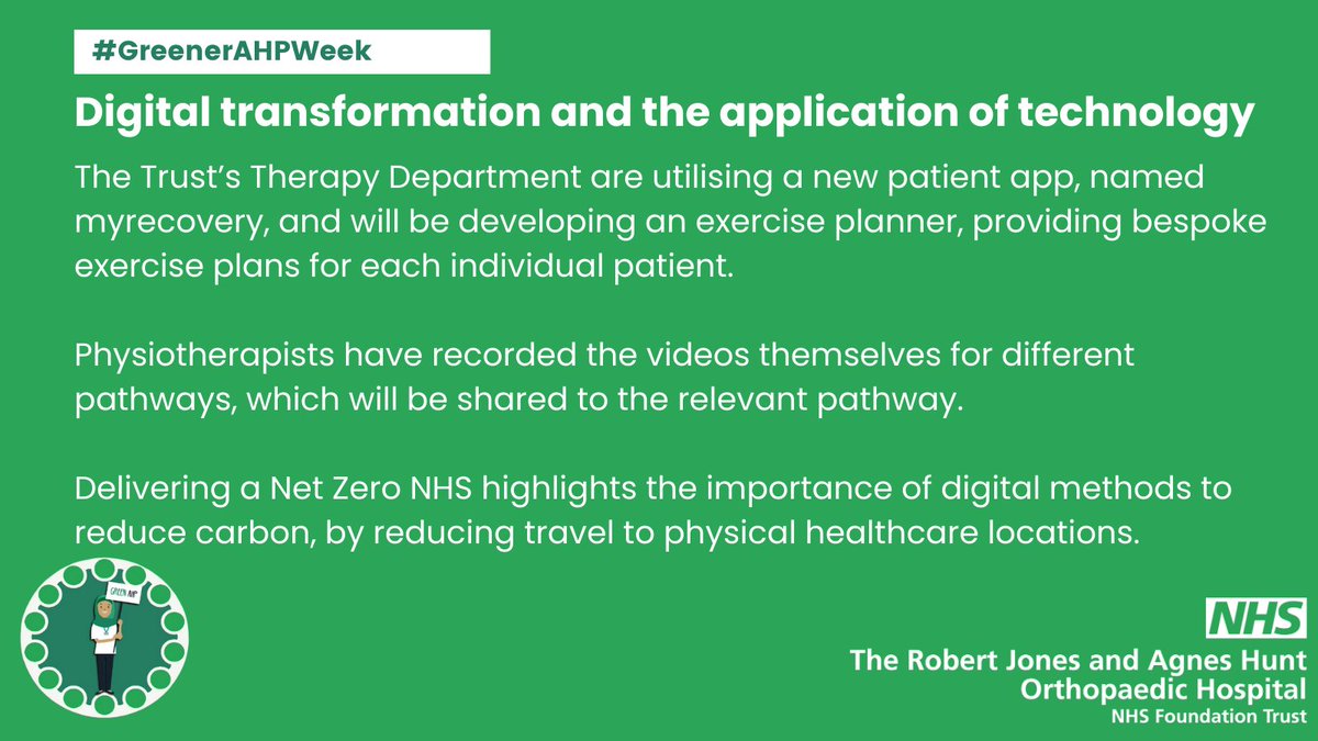 This week is #GreenerAHPWeek and we'll be sharing a number of initiatives and schemes relating to sustainability and the NHS net zero ambition 💚 You can find out more about how our Therapies Team are utilising @myrecoveryai 👇