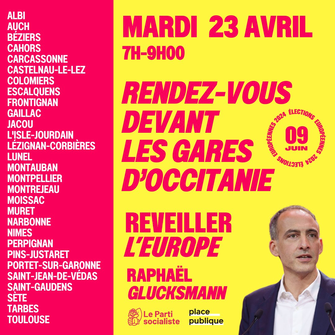 Mardi matin, rdv dans vos gares d'#Occitanie pour #ReveillerLEurope avec @rglucks1 @partisocialiste @placepublique_
