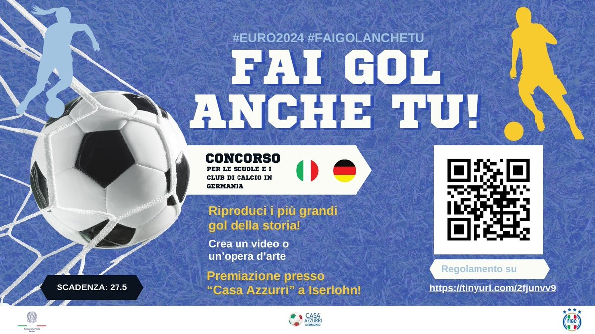 Fai gol anche tu! ⚽️
Ricrea i gol che hanno fatto la storia delle nazionali 🇮🇹 e 🇩🇪 con un video o un’opera d’arte e partecipa alla premiazione a #CasaAzzurri a Iserlohn! 🏆 
 ℹ️ 👉tinyurl.com/2fjunvv9
#FaiGolAncheTu #EURO2024 #VivoAzzurro
@ItalyMFA @FIGC @Azzurri @DFB_Team_EN