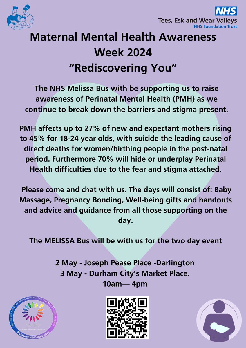 Get ready to raise awareness for Maternal Mental Health Week from April 29th to May 5th! 🌟 Our Perinatal Community Mental Health Services in Teesside, Durham, and Darlington will be teaming up with the MELISSA bus to spread the word! 💙