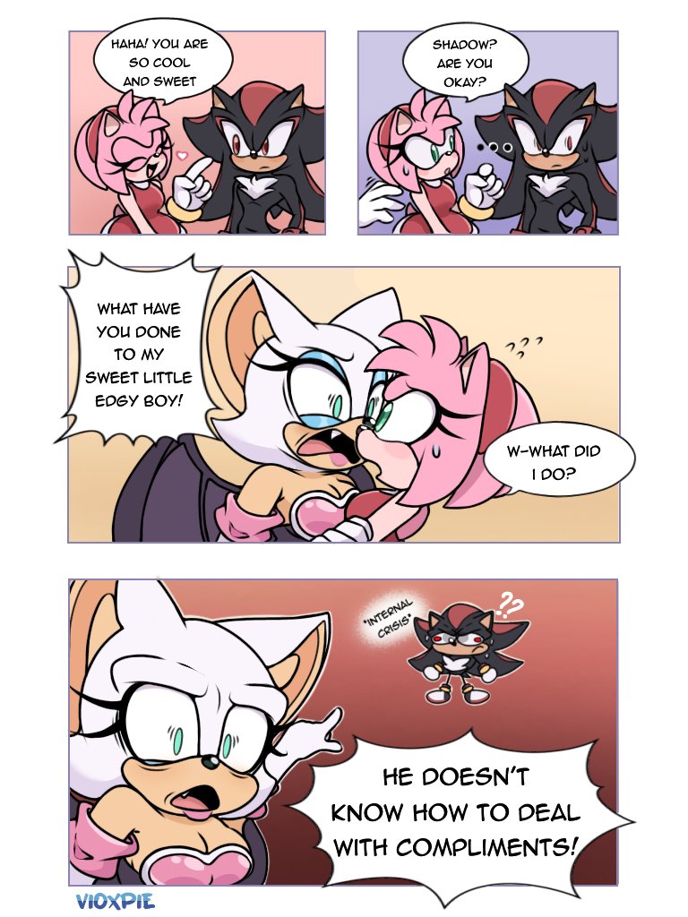 When the introvert got a compliment from extrovert

#ShadowTheHedgehog #RougeTheBat #AmyRose #SonicTheHedgehog