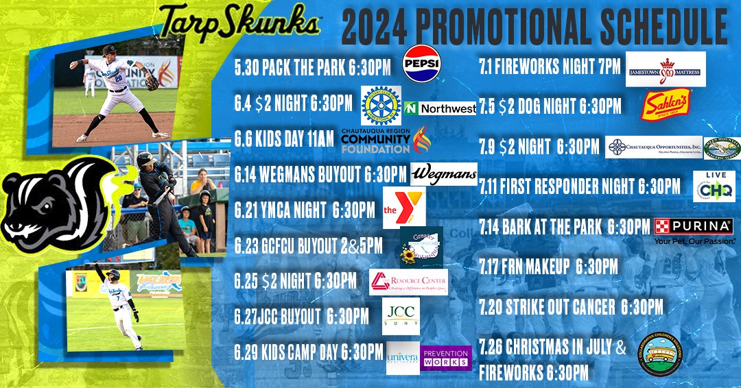 Extra Extra Read All About It! Tarp Skunks Fans, it's time to get stinky🦨 The promotion schedule for Chautauqua County's best summer entertainment is OUT! For more information press the link below! tarpskunks.com/jamestown-tarp…