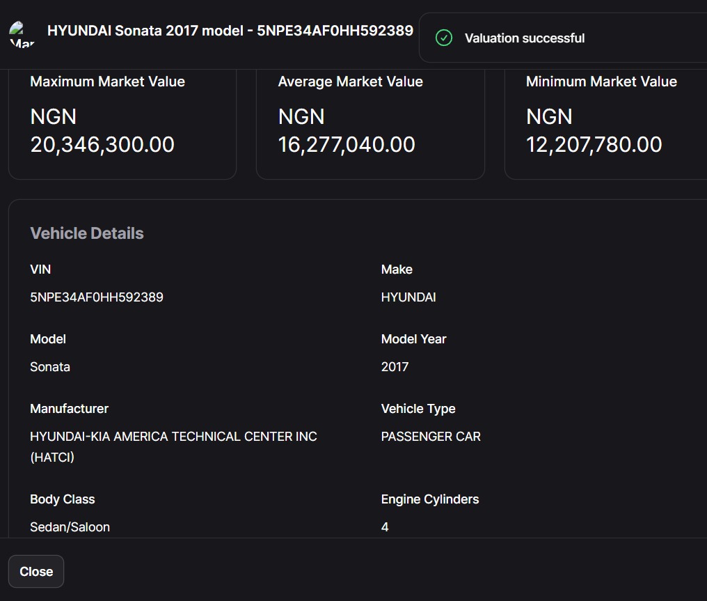 LegitCar's Vehicle Valuation Service launching within the week. For all this pictured output, the only input is the Vehicle Identification Number (VIN). The service will be available to businesses through the LegitCar Business dashboard and through APIs.