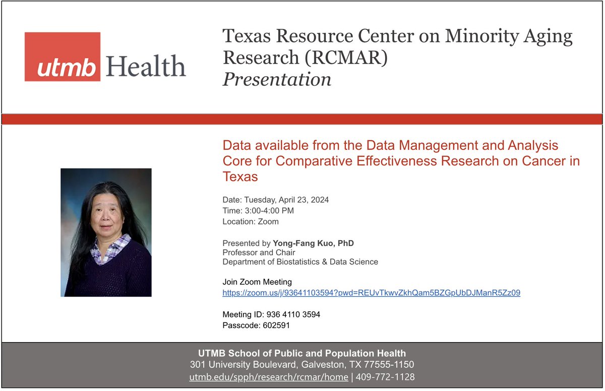 Texas #RCMAR presentation: Learn about Data available from the Data Management and Analysis Core for Comparative Effectiveness Research on Cancer in Texas from Yong-Fang Kuo, PhD on Tuesday, April 23. DM for Zoom link. @RCMARCC @CPRITTexas @UTMB_SPPH