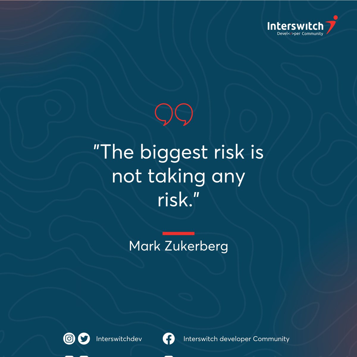 InterswitchDev's tweet image. Happy new week Dev! Mark Zuckerberg once said "The biggest risk is not taking any risk". What bold move will YOU make this week?☺️
#interswitchdeveloperscommunity 
#interswitch