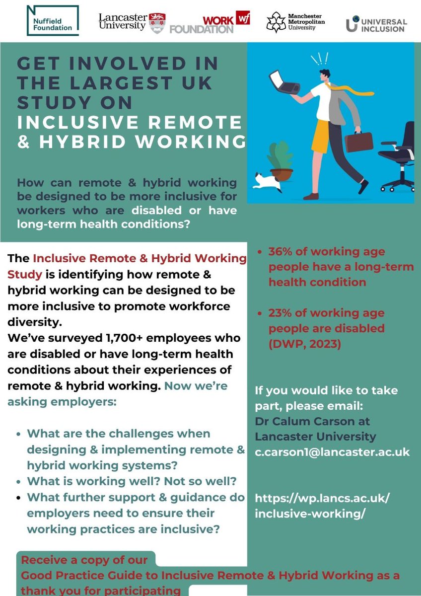If you are a UK-based employer interested in discussing how to make #remote and/or #hybridworking more inclusive for all members of your workforce, then do please get in touch and be part of our @Hybrid_Working research: more information at wp.lancs.ac.uk/inclusive-work…