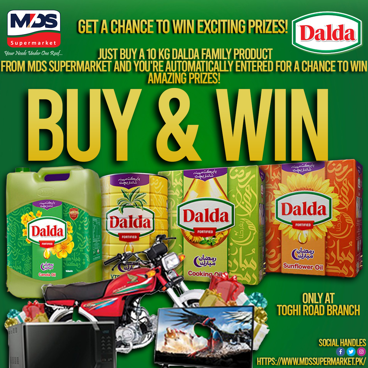 Get a chance to win exciting prizes!
📷 Just buy a 10 kg Dalda family product at MDS Supermarket's Toghi Road Branch and you could be a lucky winner!
📷 Visit us at Branch 1: Toghi Road Quetta
📷 Phone: (081-2823444)

#QuettaDeals #MDSupermarket #DaldaFamilyProduct #LuckyWinner