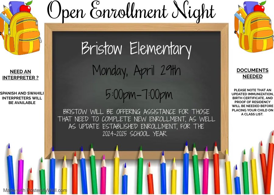 Come join us @bristowelem for enrolling your child for the 24/25 school year. Your child must be 5 before 8/1/19. See you there!