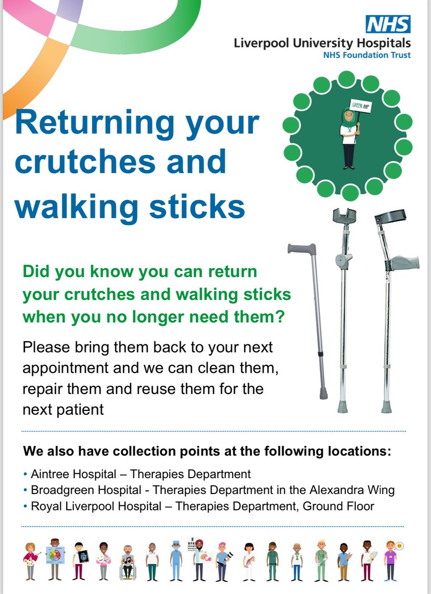 Day 1 of #GreenerAHP week @LivHospitals 😃💚 Do you have crutches or walking sticks at home that you no longer need?🩼🩼 Please take them to your next appointment or drop them off Wed-Fri at your nearest site, details below 👍🏻⬇️ #Recycle #Sustainability #NetZero @WeAHPs