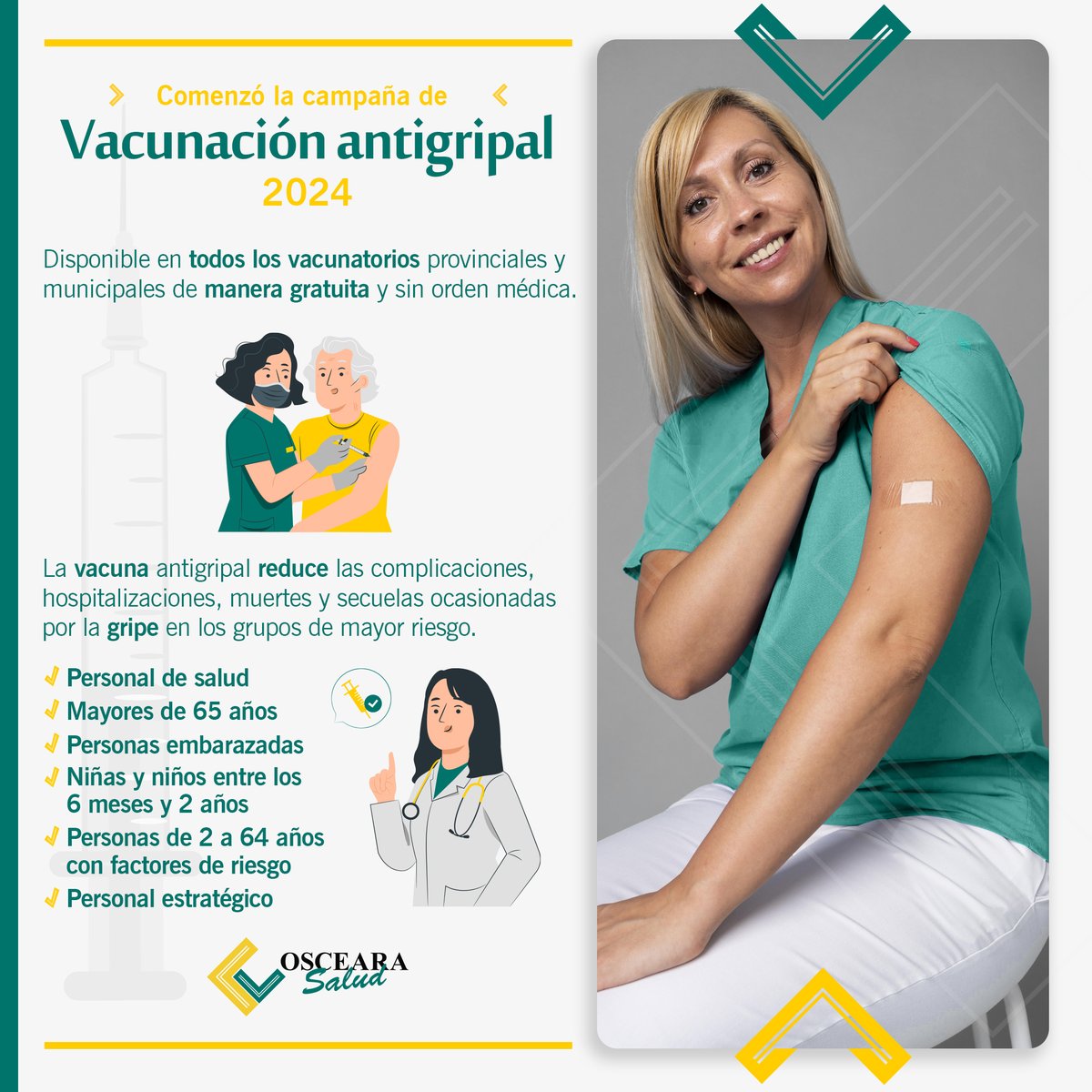 Campaña de vacunación antigripal 2024 🛡️

💉 🦠Aplicándote la vacuna, tenés una mayor protección durante el invierno. Si pertenecés a alguno de estos grupos, podes recibir la inmunización gratuitamente en todo el país 🥶🤧

#VacunaciónAntigripal #ProtecciónParaTodos #SaludMental