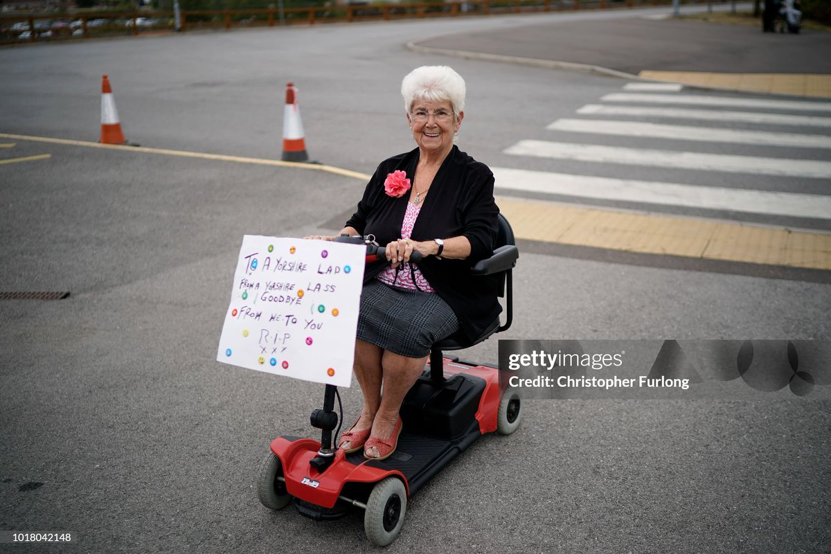 Chuckle Brother fan Barbara Gamston, aged 86, raises a smile as as pays her respects to Barry Chuckle before his funeral service at The New York Stadium in Rotherham, England (2018)