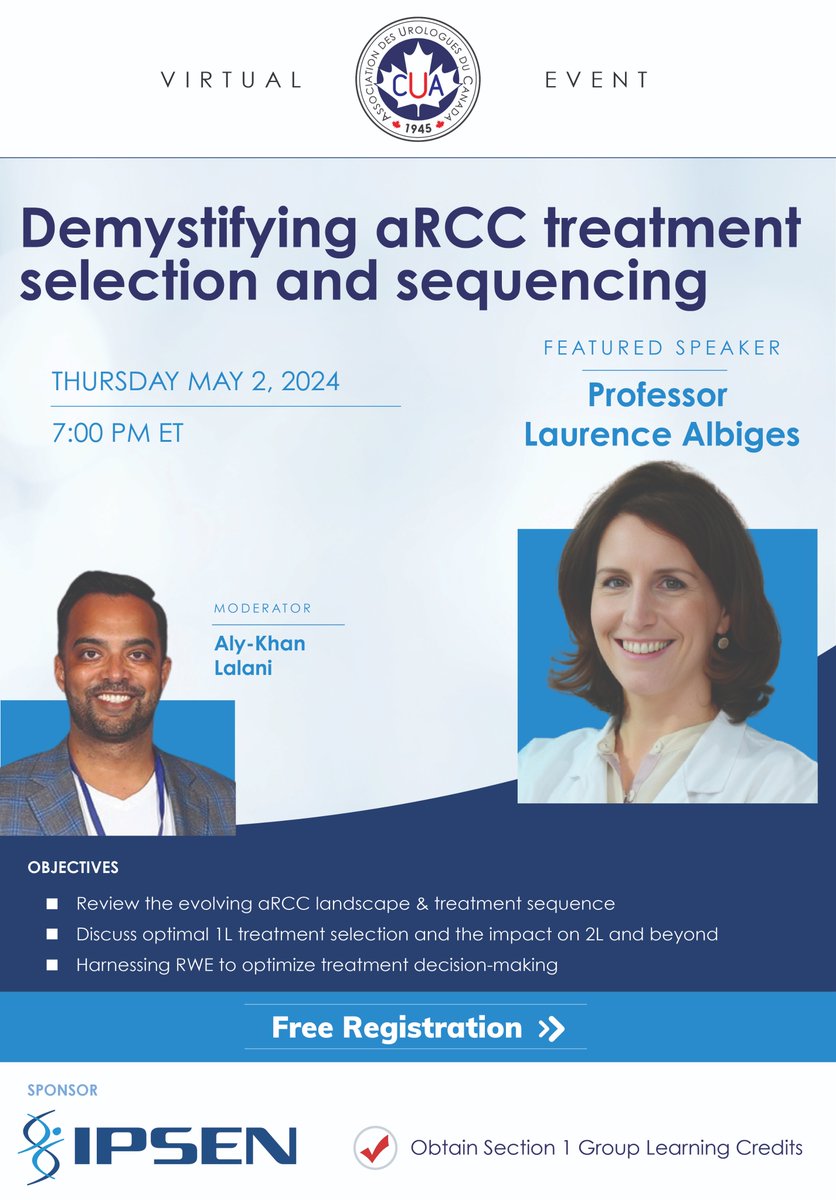 📢DO NOT MISS THIS SPECIAL #CUAVirtualEvent Demystifying aRCC treatment selection and sequencing with @AlbigesL @lalaniMD . Registration is free: cua.org/event/28533