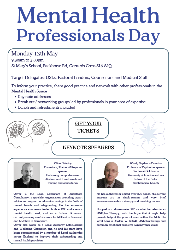 Calling all #school #mentalhealth professionals. Don't miss our Mental Health Professionals Day with keynote speakers Oliver Welsby and Windy Dryden. Book your place today - shorturl.at/rvMO4 #networking #safeguarding #development #cpd #opportunities @GSAUK @isaschools
