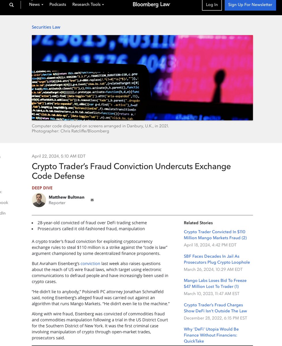 'Code is Law' is Nonsense (And Can Get you 20 Years in Prison) Crypto trader Avraham Eisenberg’s fraud conviction for exploiting crypto exchange rules to steal $110 million is a devastating blow against the “code is law” argument, which has been championed by decentralized…