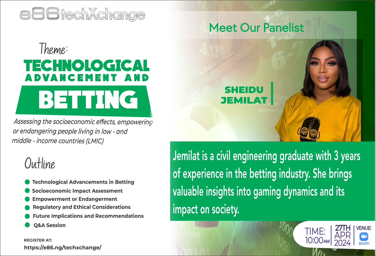 e86Limited's tweet image. Join us on April 27th at 10:00 AM GMT!

Register now: e86.ng/techxchange/

#BettingWebinar #TechnologicalImpact #SocietalImpact #WebinarSpeaker #ExpertInsights #betting #webinar #aprilwebinar #onlinebetting