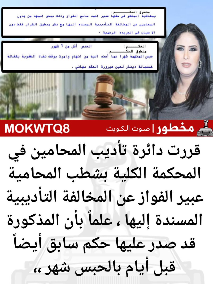 قررت دائرة تأديب المحامين في المحكمة الكلية بشطب المحامية ⁧عبير الفواز⁩ عن المخالفة التأديبية المسندة إليها ، علماً بأن المذكورة قد صدر عليها حكم سابق أيضاً قبل أيام بالحبس شهر ،،

#مخطور