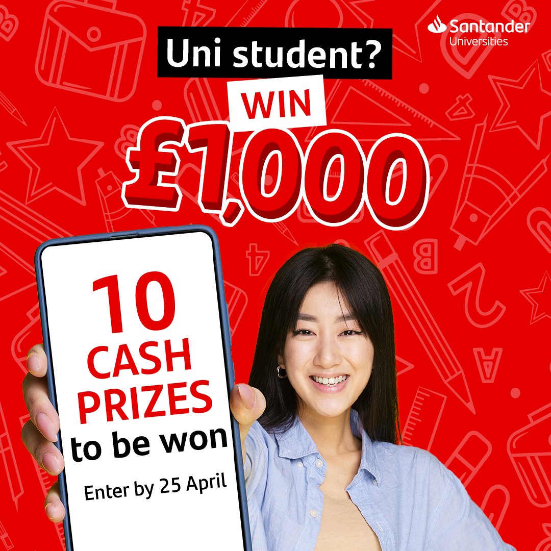 Santander have 10 lots of £1,000 up for grabs🤑

All UK University students can enter, including undergraduates, postgraduates, part-time and full-time students. 

Enter by 25 April for your chance to win some serious cash! #10kCashPrizeDraw24 

Enter 👉bit.ly/3xlMhwJ