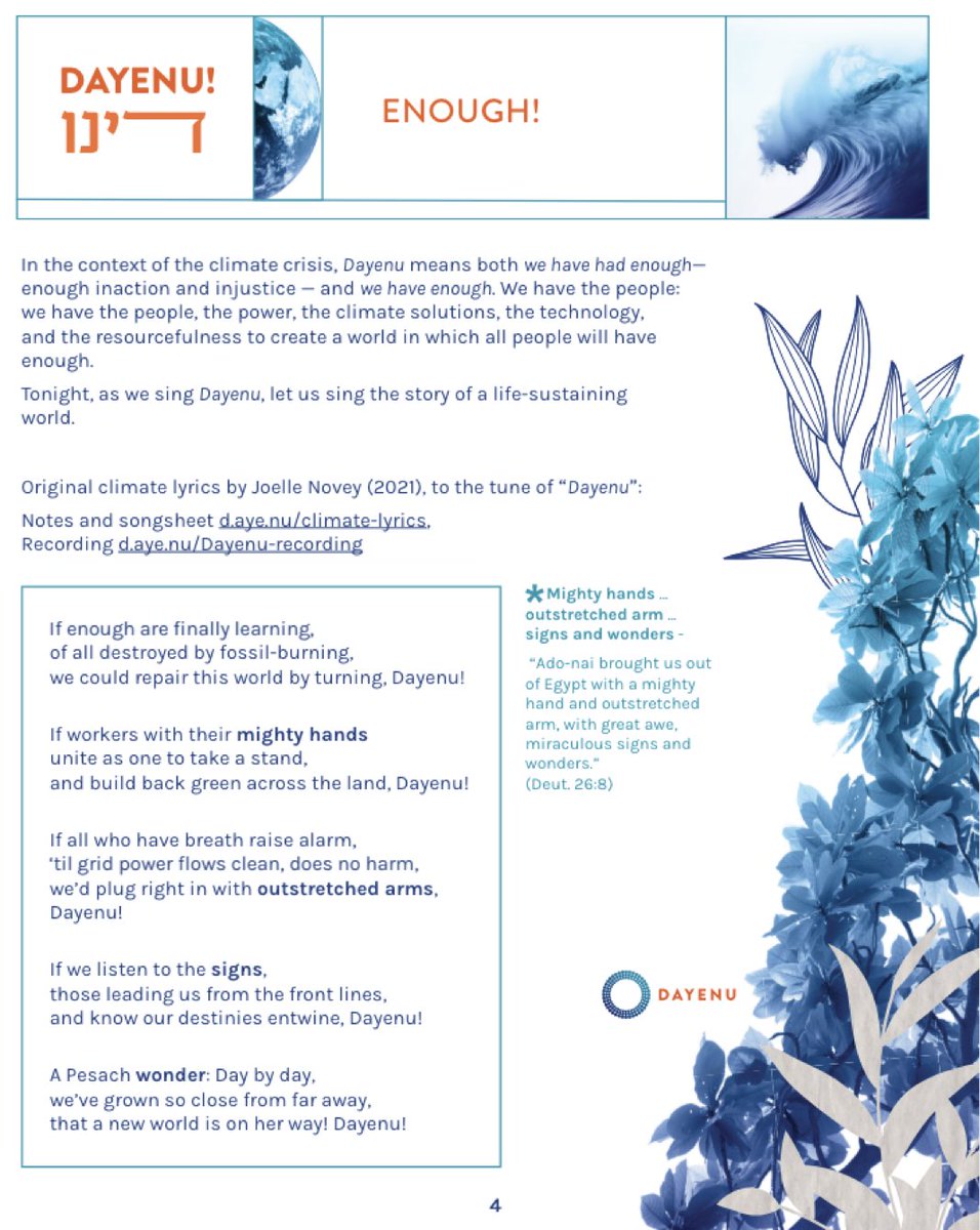 Chag sameach! AND Happy #EarthDay!! As we sing 'Dayenu,' let us sing the story of a life-sustaining world. We invite you to download our beautiful Seder Supplement: dayenu.org/seder-2024/ And enjoy this customized version of 'Dayenu' from @Jo_GNDC: youtube.com/watch?v=wXg6c5…