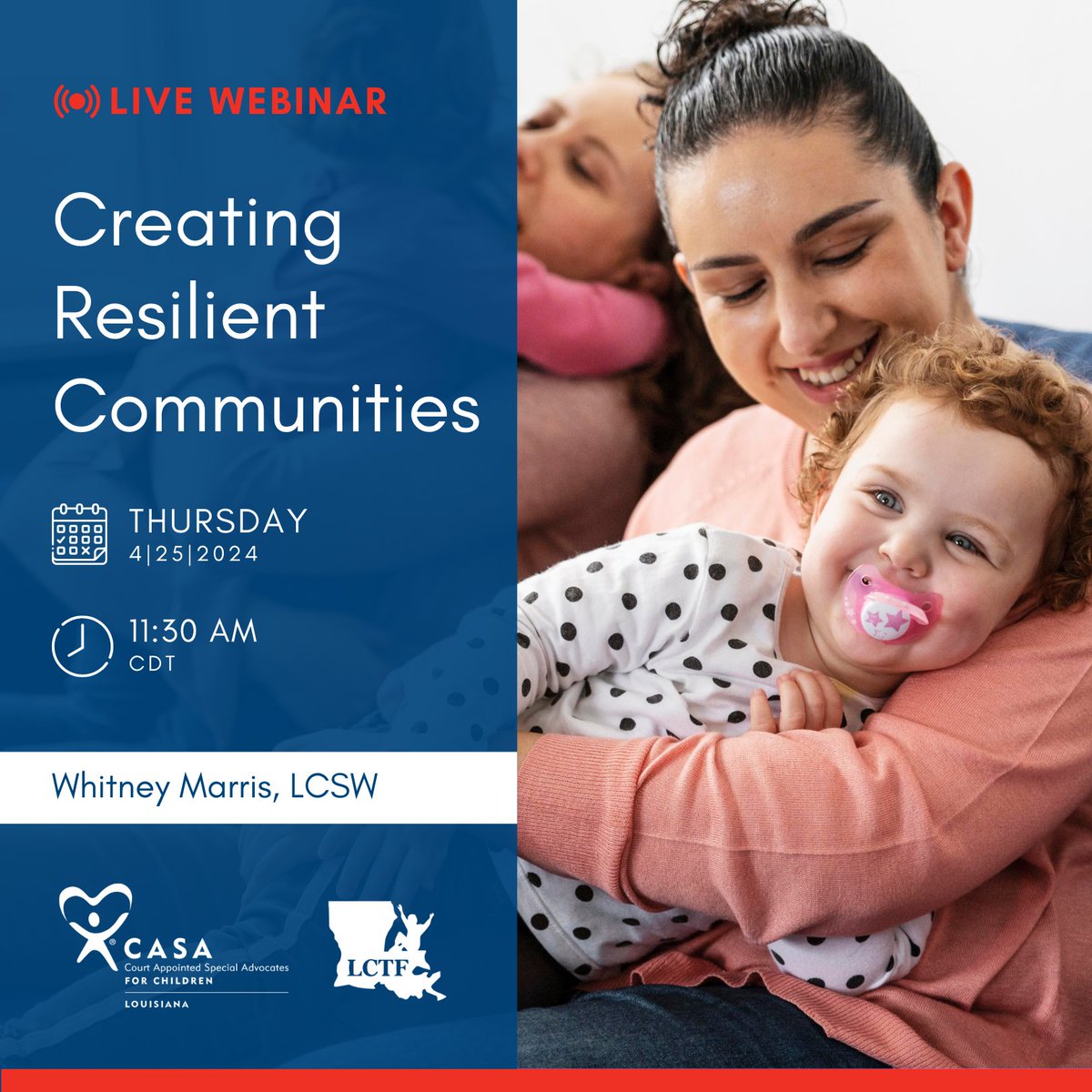 LouisianaCASA's tweet photo. Register now for Thursday's webinar with Director of Trauma-Informed Practice and System Transformation at CTIPP, Whitney Marris, LCSW. We'll be learning on how creating resiliency in communities can be an effective way to prevent child abuse and neglect.
https://t.co/qj15qNDDxb https://t.co/tLVLguujam