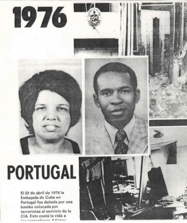 22 de Abril de 1976 la Embajada de #Cuba en Lisboa,Portugal sufrió una explosión a causa de una bomba por terroristas al servicio de la CIA, lo cual costó la vida de Adriana Corcho y Efrén Monte agudo #CubaViveEnSuHistoria y recuerda a los héroes caídos por acciones terroristas