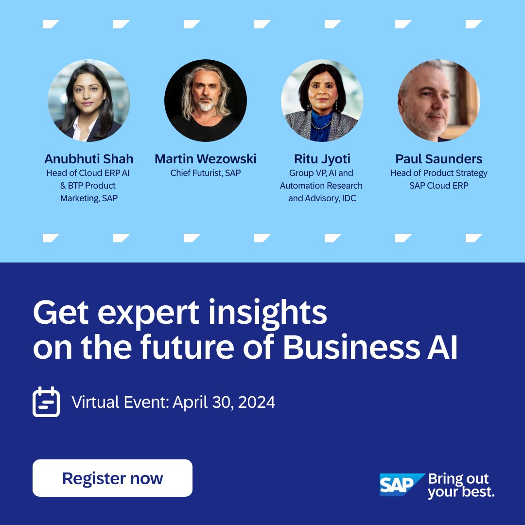 What does the future of Business AI look like?  
Join SAP and IDC on April 30 to explore the latest trends in AI. Cut through the noise and understand the benefits that Cloud ERP coupled with AI and Generative AI can bring to your business.
imsap.co/6011bd1Kv

#RISEwithSAP